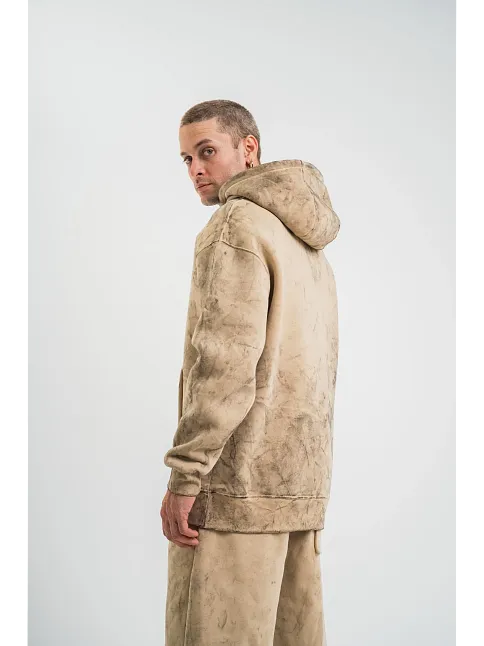 Erkek 3 İplik Pamuklu Oversize Kapüşonlu Yıkamalı Hoodie Sweatshirt - Bej