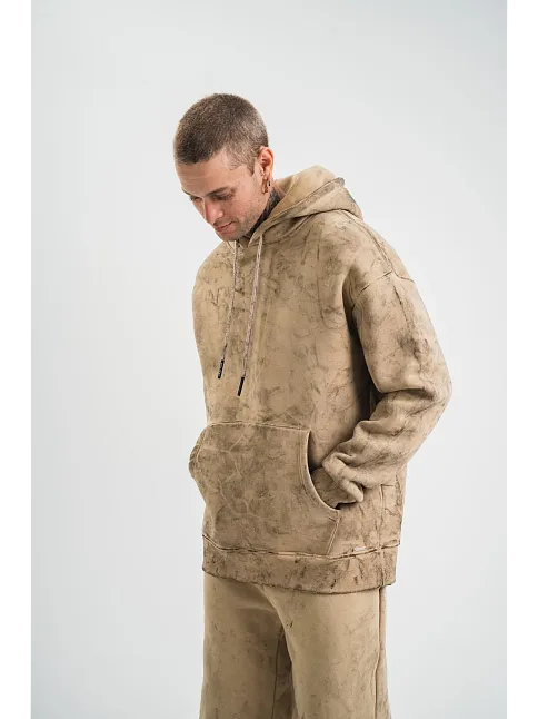Erkek 3 İplik Pamuklu Oversize Kapüşonlu Yıkamalı Hoodie Sweatshirt - Bej
