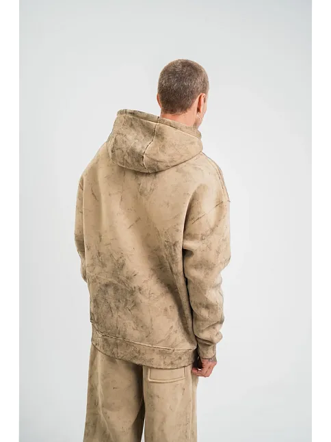 Erkek 3 İplik Pamuklu Oversize Kapüşonlu Yıkamalı Hoodie Sweatshirt - Bej
