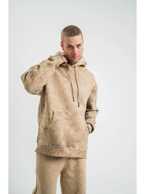 Erkek 3 İplik Pamuklu Oversize Kapüşonlu Yıkamalı Hoodie Sweatshirt - Bej