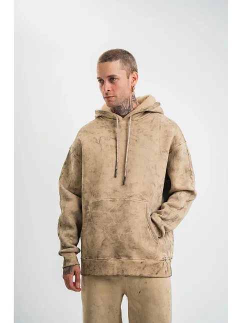 Erkek 3 İplik Pamuklu Oversize Kapüşonlu Yıkamalı Hoodie Sweatshirt - Bej