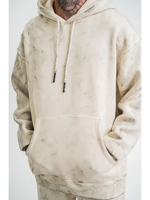 Erkek  3 İplik Pamuklu Oversize Kapşonlu Yıkamalı Sweatshirt Hoodie - Krem