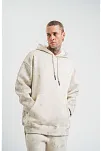 Erkek  3 İplik Pamuklu Oversize Kapşonlu Yıkamalı Sweatshirt Hoodie - Krem