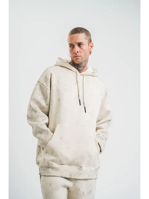 Erkek  3 İplik Pamuklu Oversize Kapşonlu Yıkamalı Sweatshirt Hoodie - Krem