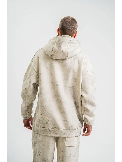 Erkek  3 İplik Pamuklu Oversize Kapşonlu Yıkamalı Sweatshirt Hoodie - Krem