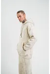 Erkek  3 İplik Pamuklu Oversize Kapşonlu Yıkamalı Sweatshirt Hoodie - Krem