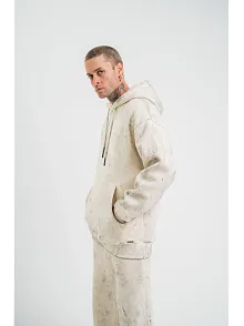Erkek  3 İplik Pamuklu Oversize Kapşonlu Yıkamalı Sweatshirt Hoodie - Krem