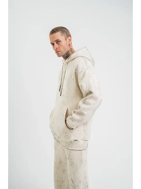 Erkek  3 İplik Pamuklu Oversize Kapşonlu Yıkamalı Sweatshirt Hoodie - Krem