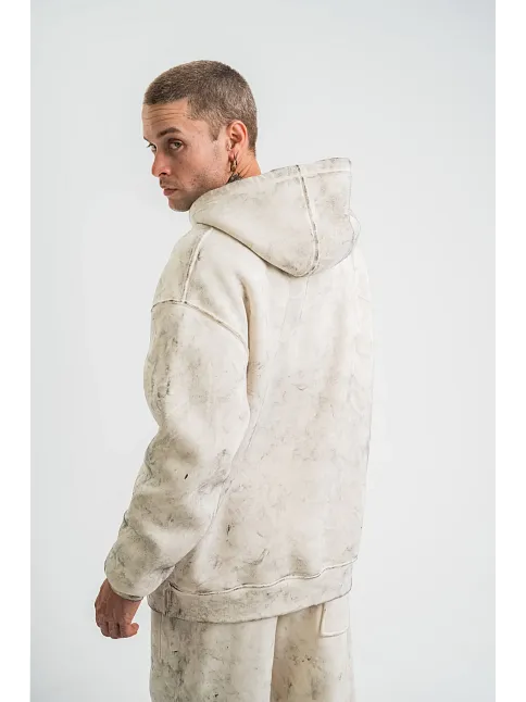 Erkek  3 İplik Pamuklu Oversize Kapşonlu Yıkamalı Sweatshirt Hoodie - Krem