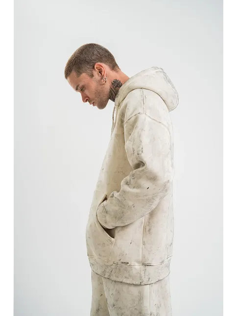 Erkek  3 İplik Pamuklu Oversize Kapşonlu Yıkamalı Sweatshirt Hoodie - Krem