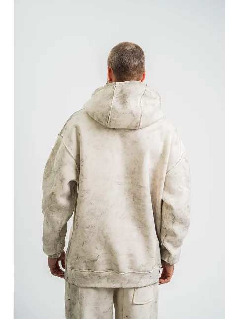 Erkek  3 İplik Pamuklu Oversize Kapşonlu Yıkamalı Sweatshirt Hoodie - Krem