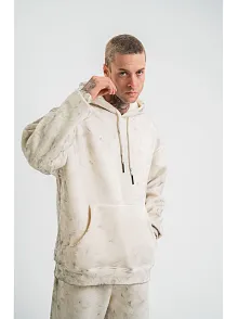 Erkek  3 İplik Pamuklu Oversize Kapşonlu Yıkamalı Sweatshirt Hoodie - Krem