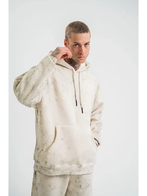 Erkek  3 İplik Pamuklu Oversize Kapşonlu Yıkamalı Sweatshirt Hoodie - Krem