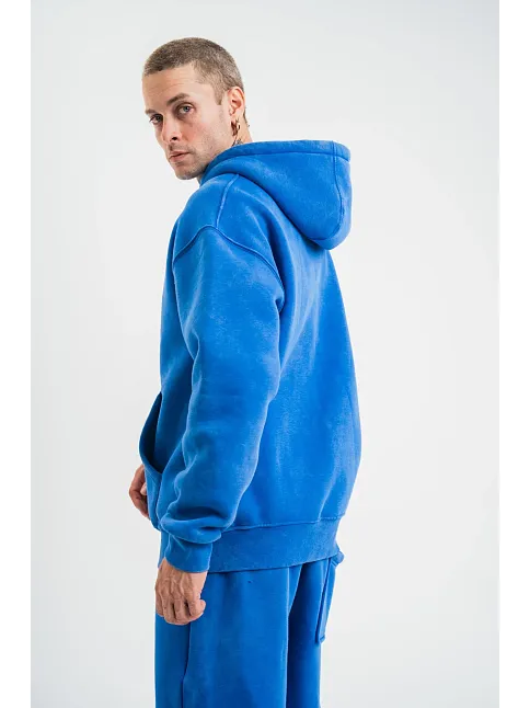 Erkek 3 İplik Pamuklu Oversize Kapüşonlu Yıkamalı Hoodie Sweatshirt - Mavi