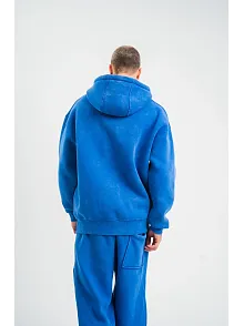 Erkek 3 İplik Pamuklu Oversize Kapüşonlu Yıkamalı Hoodie Sweatshirt - Mavi