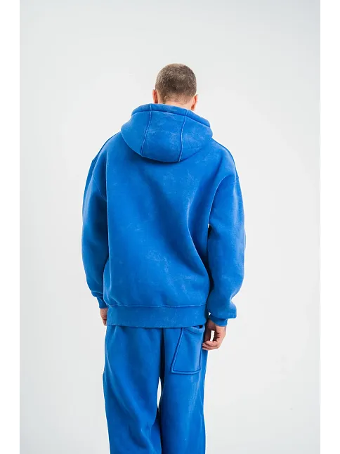Erkek 3 İplik Pamuklu Oversize Kapüşonlu Yıkamalı Hoodie Sweatshirt - Mavi
