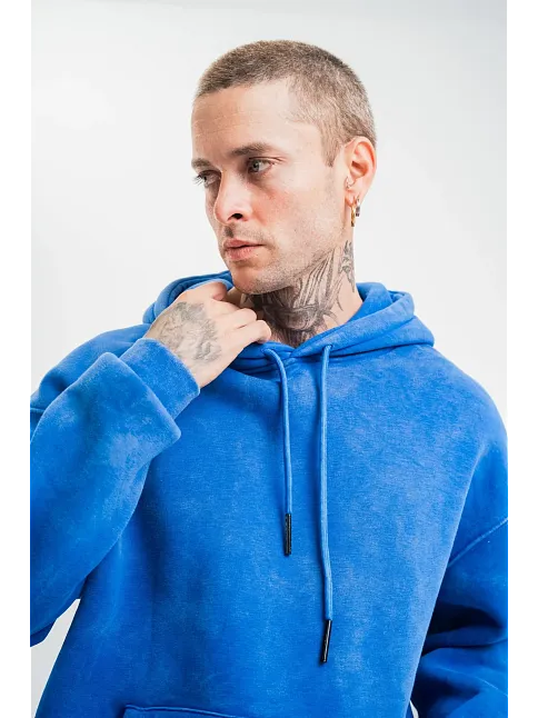 Erkek 3 İplik Pamuklu Oversize Kapüşonlu Yıkamalı Hoodie Sweatshirt - Mavi