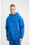 Erkek 3 İplik Pamuklu Oversize Kapüşonlu Yıkamalı Hoodie Sweatshirt - Mavi