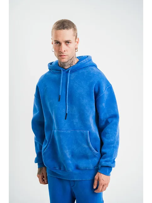 Erkek 3 İplik Pamuklu Oversize Kapüşonlu Yıkamalı Hoodie Sweatshirt - Mavi