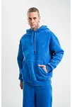 Erkek 3 İplik Pamuklu Oversize Kapüşonlu Yıkamalı Hoodie Sweatshirt - Mavi