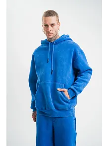 Erkek 3 İplik Pamuklu Oversize Kapüşonlu Yıkamalı Hoodie Sweatshirt - Mavi