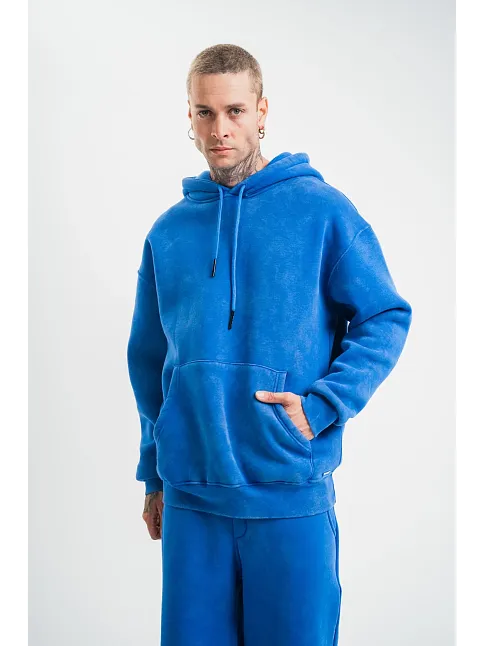 Erkek 3 İplik Pamuklu Oversize Kapüşonlu Yıkamalı Hoodie Sweatshirt - Mavi