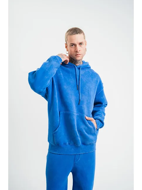 Erkek 3 İplik Pamuklu Oversize Kapüşonlu Yıkamalı Hoodie Sweatshirt - Mavi
