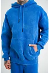 Erkek 3 İplik Pamuklu Oversize Kapüşonlu Yıkamalı Hoodie Sweatshirt - Mavi
