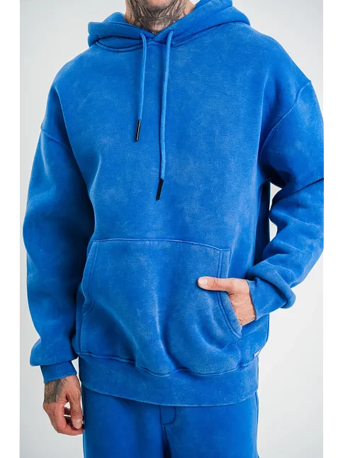 Erkek 3 İplik Pamuklu Oversize Kapüşonlu Yıkamalı Hoodie Sweatshirt - Mavi