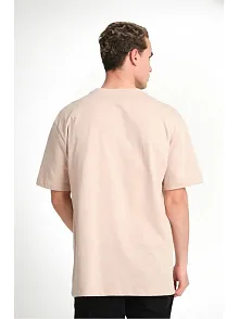 Erkek Düz Tişört Bisikilet Yaka Kısa Kol Oversize T-shirt - Bej