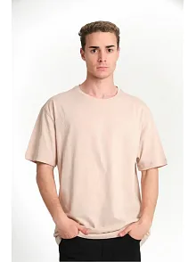 Erkek Düz Tişört Bisikilet Yaka Kısa Kol Oversize T-shirt - Bej