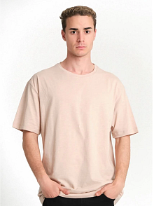 Erkek Düz Tişört Bisikilet Yaka Kısa Kol Oversize T-shirt - Bej