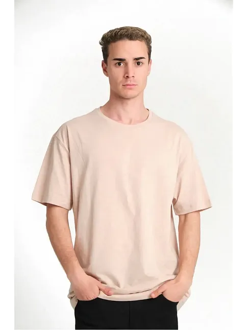 Erkek Düz Tişört Bisikilet Yaka Kısa Kol Oversize T-shirt - Bej