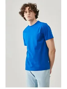Erkek Tişört Kısa Kol Düz Bisikilet Yaka Oversize T-shirt - Mavi