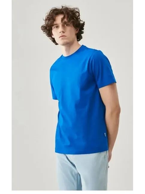 Erkek Tişört Kısa Kol Düz Bisikilet Yaka Oversize T-shirt - Mavi
