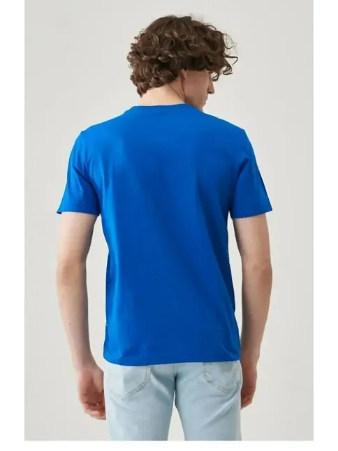 Erkek Tişört Kısa Kol Düz Bisikilet Yaka Oversize T-shirt - Mavi
