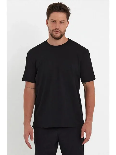 Erkek Düz T-shirt Kısa Kol Bisiklet Yaka Regular Fit Rahat Kalıp Günlük Tişört - Siyah