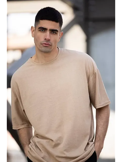 Erkek Düz T-shirt Kısa Kol Bisiklet Yaka Regular Fit Rahat Kalıp Günlük Tişört - Bej