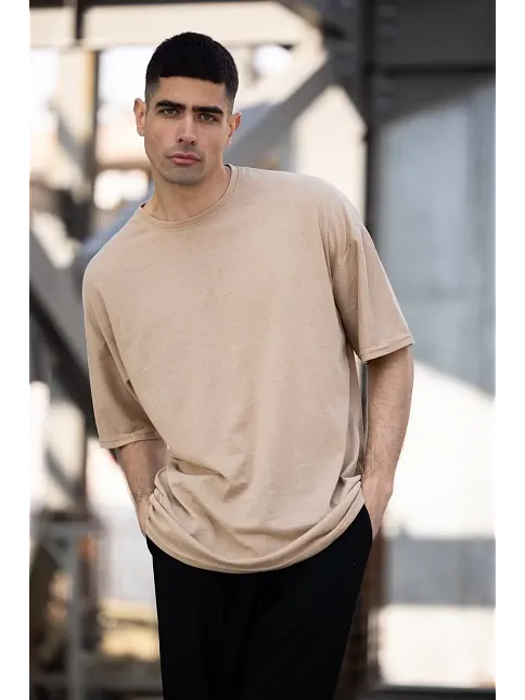 Erkek Düz T-shirt Kısa Kol Bisiklet Yaka Regular Fit Rahat Kalıp Günlük Tişört - Bej