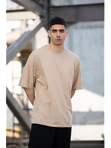 Erkek Düz T-shirt Kısa Kol Bisiklet Yaka Regular Fit Rahat Kalıp Günlük Tişört - Bej