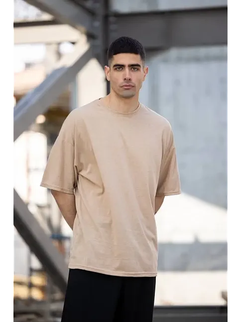 Erkek Düz T-shirt Kısa Kol Bisiklet Yaka Regular Fit Rahat Kalıp Günlük Tişört - Bej