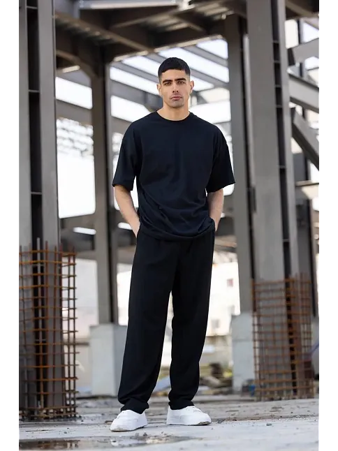 Erkek Düz T-shirt Kısa Kol Bisiklet Yaka Regular Fit Rahat Kalıp Günlük Tişört - Siyah