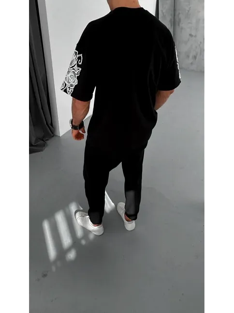 Erkek Kısa Kol Yazlık Tişört Bisiklet Yaka Baskılı Oversize T-shirt - Siyah