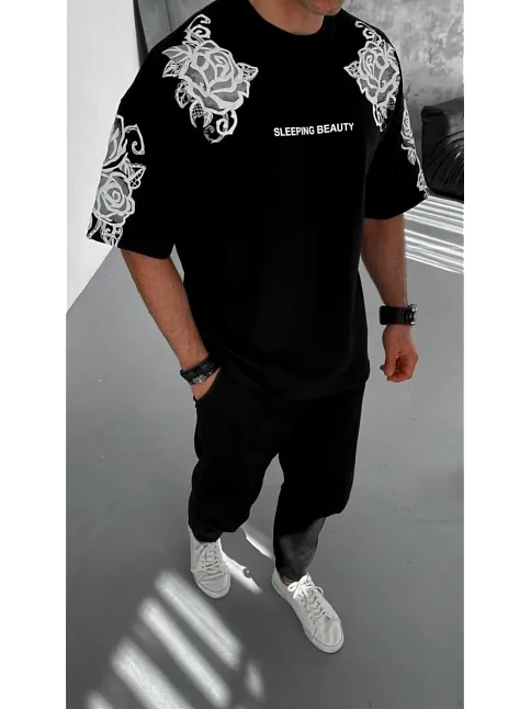Erkek Kısa Kol Yazlık Tişört Bisiklet Yaka Baskılı Oversize T-shirt - Siyah