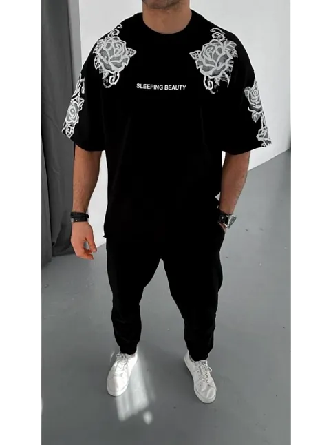Erkek Kısa Kol Yazlık Tişört Bisiklet Yaka Baskılı Oversize T-shirt - Siyah