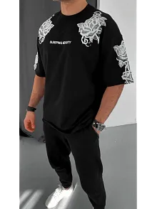 Erkek Kısa Kol Yazlık Tişört Bisiklet Yaka Baskılı Oversize T-shirt - Siyah