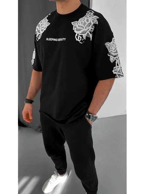 Erkek Kısa Kol Yazlık Tişört Bisiklet Yaka Baskılı Oversize T-shirt - Siyah