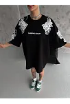 Kadın Kısa Kol Yazlık Tişört Bisiklet Yaka Baskılı Oversize T-shirt - Siyah