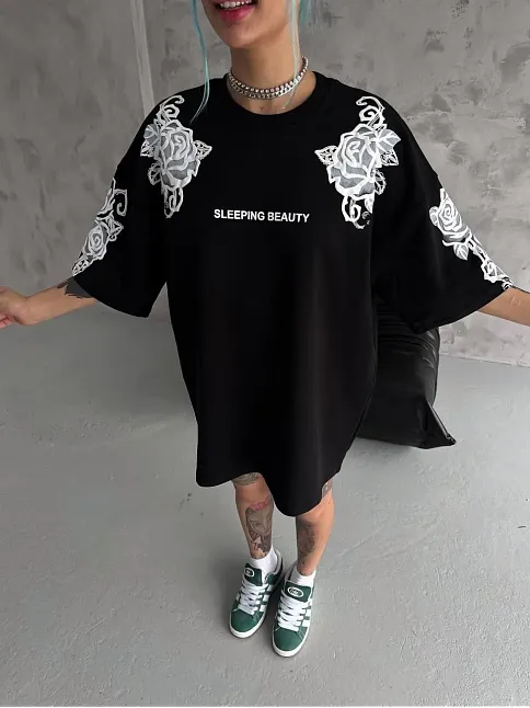 Kadın Kısa Kol Yazlık Tişört Bisiklet Yaka Baskılı Oversize T-shirt - Siyah