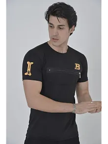 Erkek Baskılı T-shirt Kısa Kol Bisiklet Yaka Göğüs Fermuarlı Slimfit Tişört  - Siyah